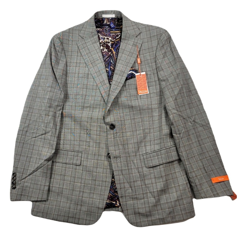 Tallia Slim-Fit Wool Blazer Mens 44L 44 Cream Brown Plaid Suit Jacket‎ $425 NEW